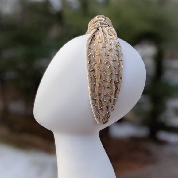 Gold Confetti Knot Velvet Headband Bugle Beads Handmade Knotted Turban Party main image 6
